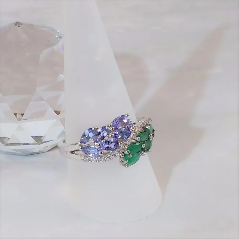 Emerald and Tanzanite and Topaz Bypass Ring Size 9
